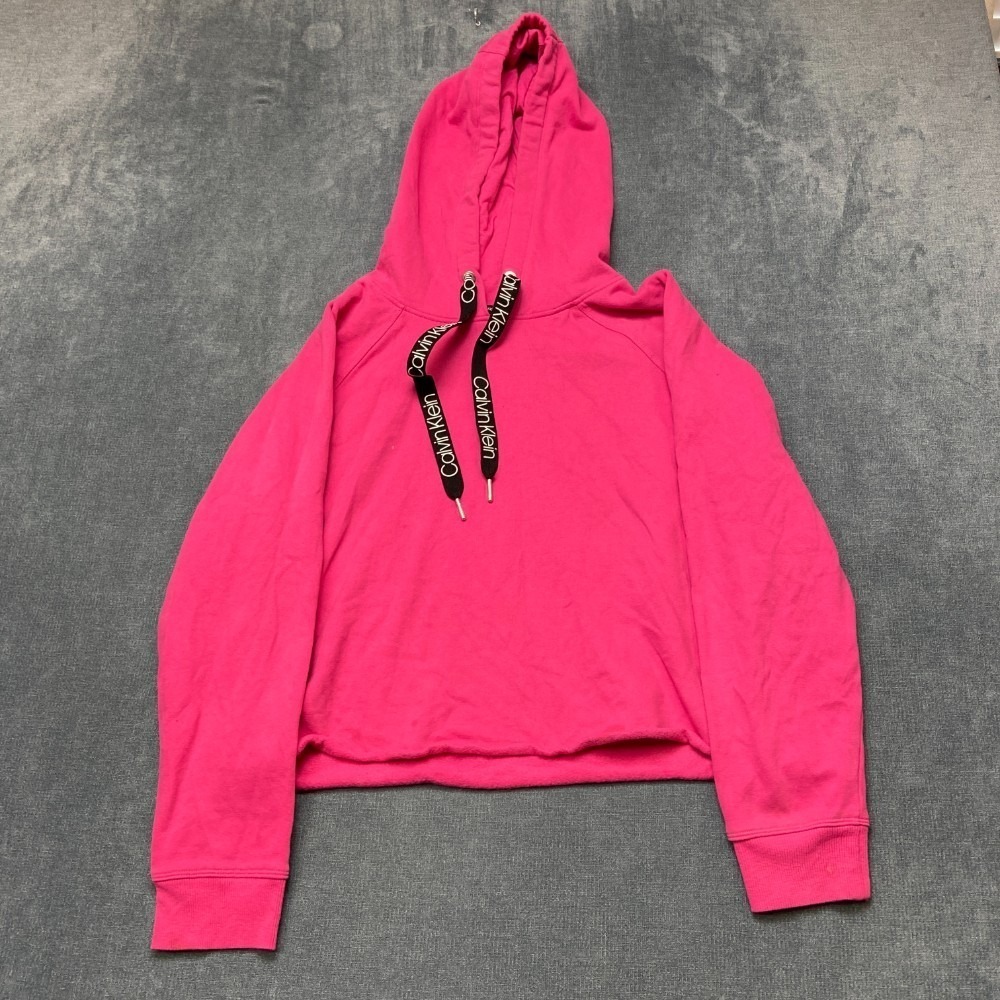Calvin Klein Cropped Hoodie Womens Large Hot Pink Cotton Fleece Lined Winter
